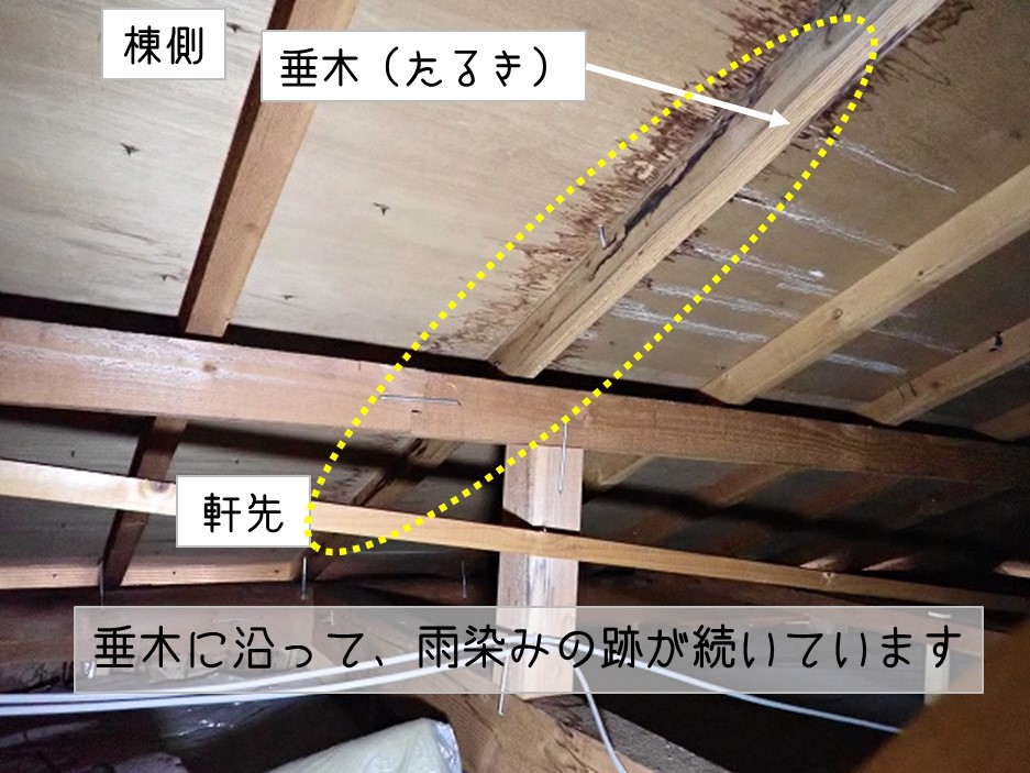 東広島市　太陽光パネル　架台金具ビス　屋根裏雨漏り 垂木沿い